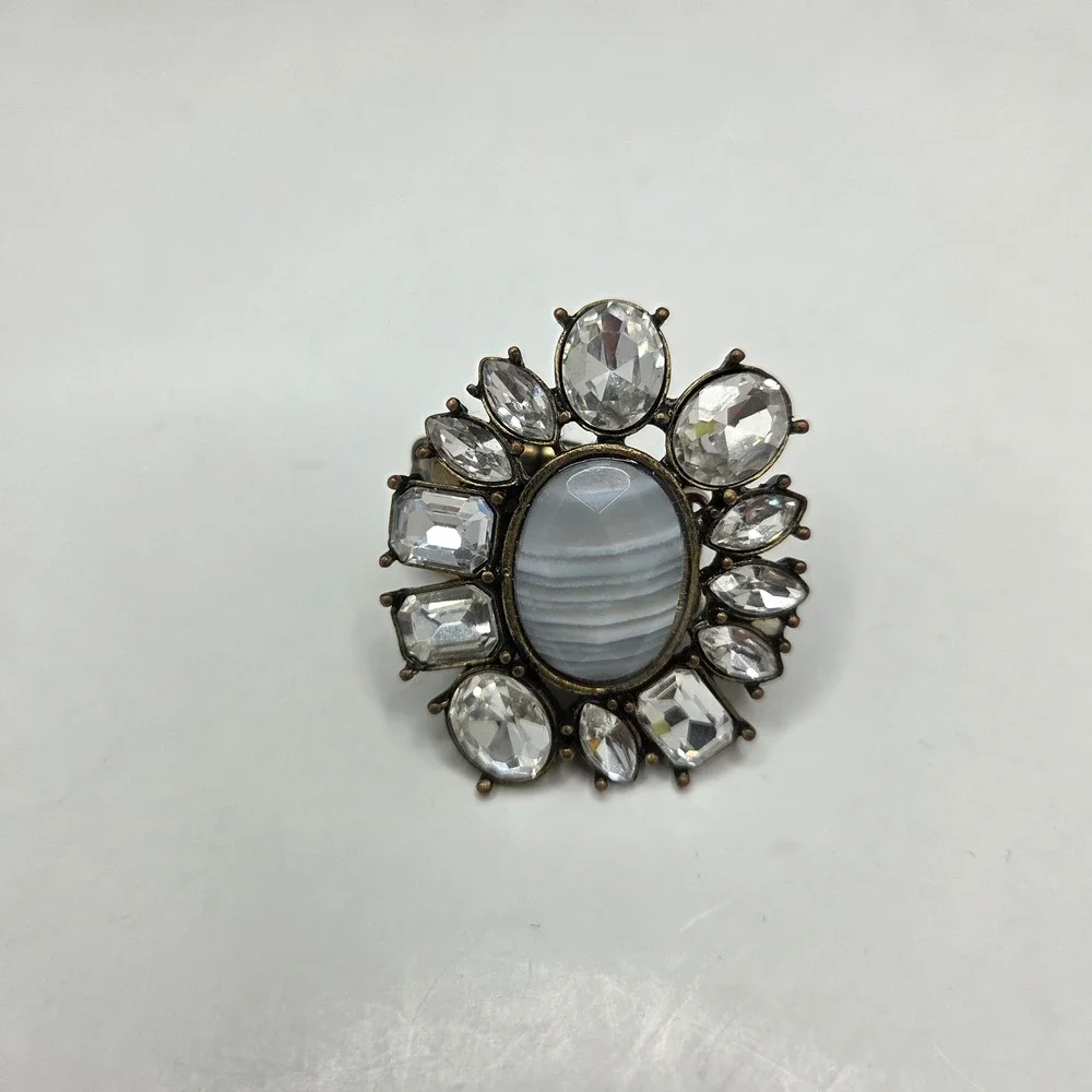 Statement Cocktail Ring Faux Agate Crystal Halo Stretch Band Bronze Tone OSFM